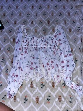 American Eagle Outfitters White Floral Smocked Lace-Trim Crop Top
